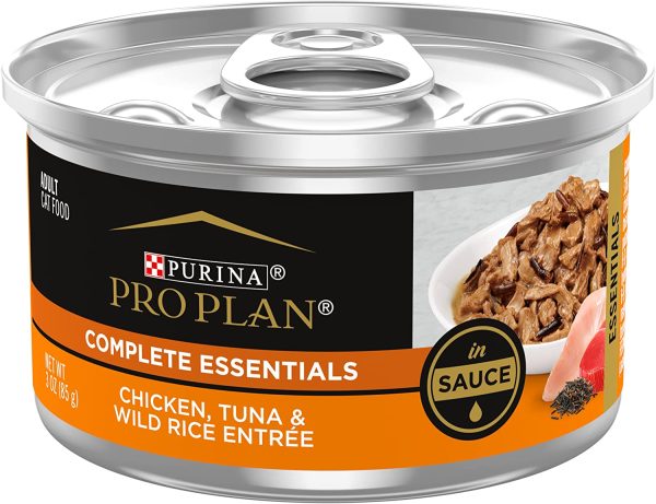 Purina Pro Plan Gravy Wet Cat Food, COMPLETE ESSENTIALS Chicken, Tuna Wild Rice Entree in Sauce 24 3 oz. PullTop Cans